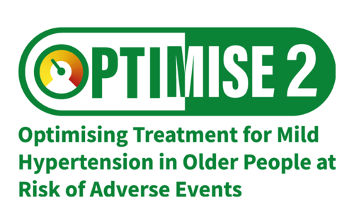Green and yellow logo reads: OPTIMISE 2: Optimising Prescription of Treatment In older patients with Mild hypertension at Increased risk of Serious adverse Events